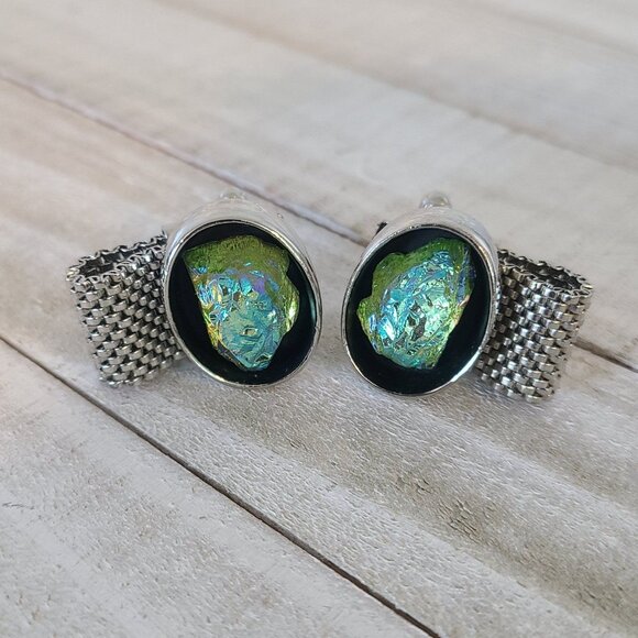 Other - Vintage Cuff Links Iridescent Lava Rock Wrap Around Silver Tone Dichroic